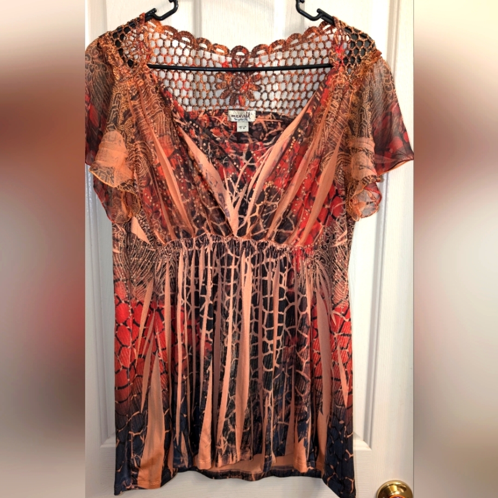 ONE WORLD Multi-Color Crochet Yoke V-Neck Blouse